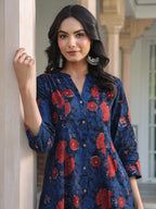 Janasya Dark Cotton Floral A-Line Kurta Set - Distacart