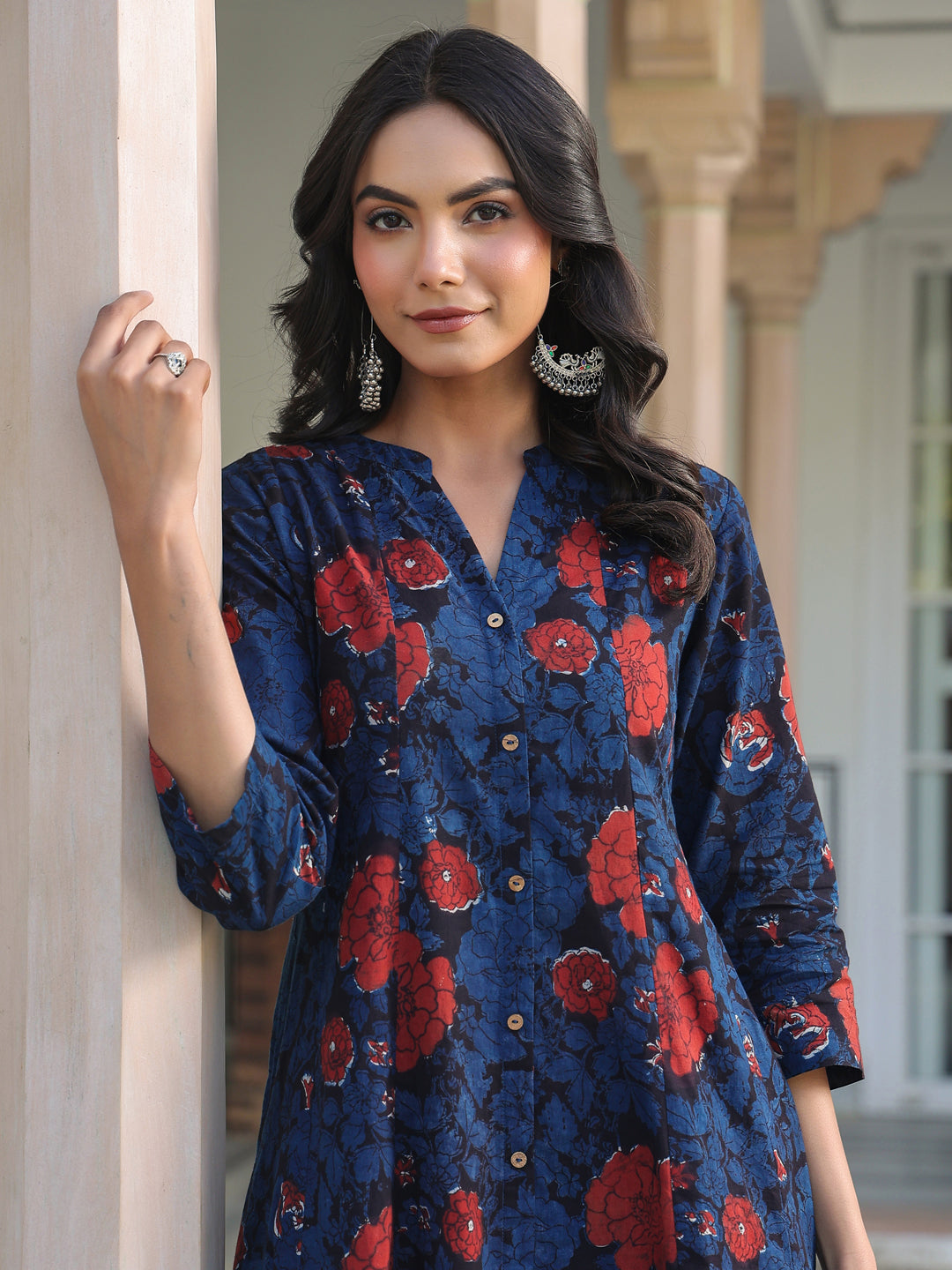 Janasya Dark Cotton Floral A-Line Kurta Set - Distacart