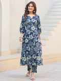 Janasya Dark Cotton Floral Straight Kurta Set - Distacart