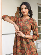 Janasya Dark Cotton Ethnic Motifs A-Line Kurta Set - Distacart