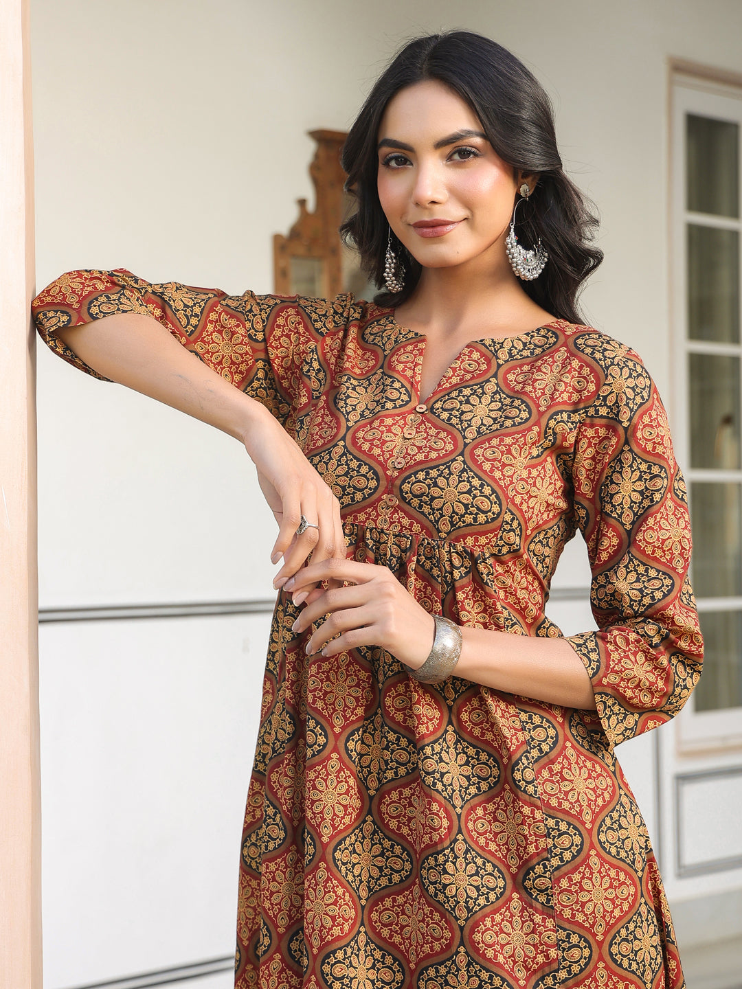 Janasya Dark Cotton Ethnic Motifs A-Line Kurta Set - Distacart