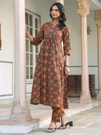 Janasya Dark Cotton Ethnic Motifs A-Line Kurta Set - Distacart