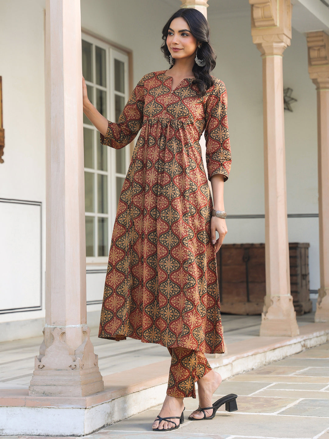 Janasya Dark Cotton Ethnic Motifs A-Line Kurta Set - Distacart
