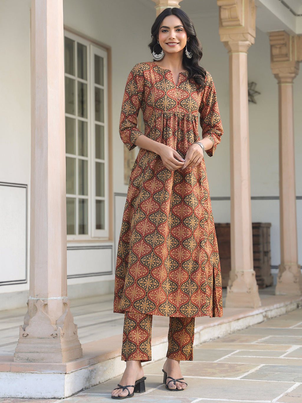 Janasya Dark Cotton Ethnic Motifs A-Line Kurta Set - Distacart