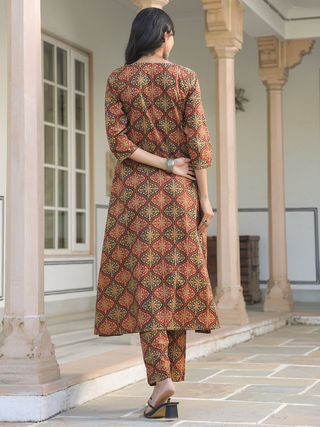 Janasya Dark Cotton Ethnic Motifs A-Line Kurta Set - Distacart