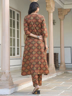 Janasya Dark Cotton Ethnic Motifs A-Line Kurta Set - Distacart