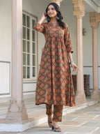 Janasya Dark Cotton Ethnic Motifs A-Line Kurta Set - Distacart