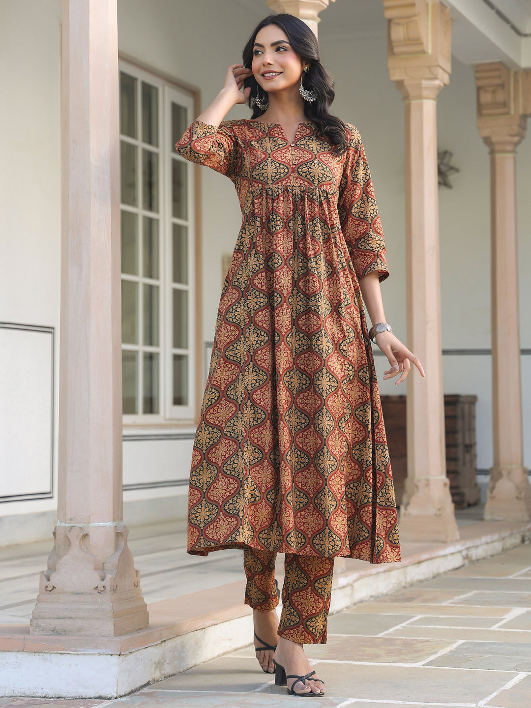 Janasya Dark Cotton Ethnic Motifs A-Line Kurta Set - Distacart