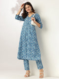 Janasya Dark Cotton Floral A-Line Kurta Set - Distacart