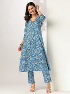 Janasya Dark Cotton Floral A-Line Kurta Set - Distacart