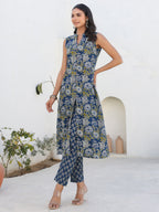 Janasya Dark Cotton Floral A-Line Kurta Set - Distacart