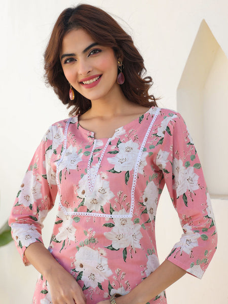 Janasya Light Cotton Floral Straight Kurta Set