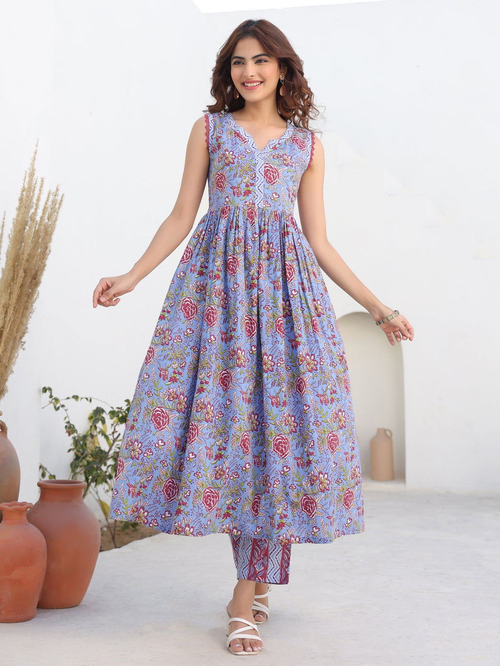 Janasya Dark Cotton Floral A-Line Kurta Set - Distacart