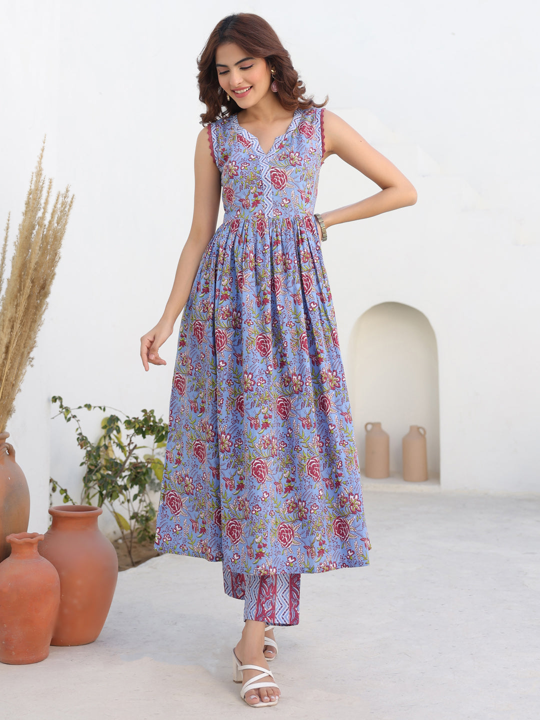 Janasya Dark Cotton Floral A-Line Kurta Set - Distacart