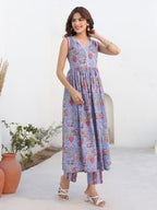Janasya Dark Cotton Floral A-Line Kurta Set - Distacart