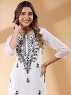 Janasya Dark Georgette Embroidered Straight Kurta - Distacart