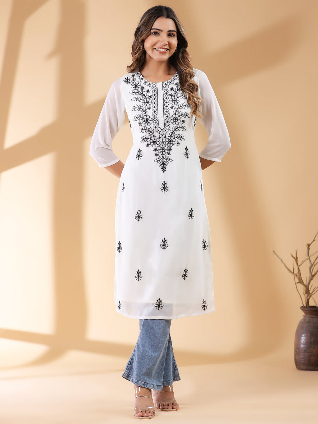 Janasya Dark Georgette Embroidered Straight Kurta - Distacart