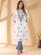 Janasya Dark Georgette Embroidered Straight Kurta - Distacart