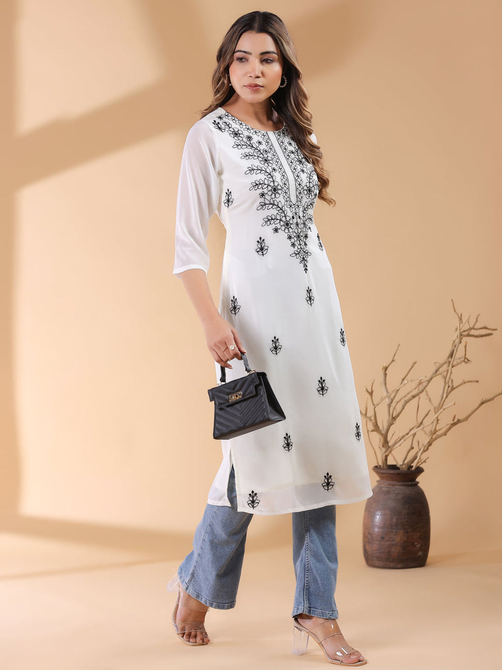 Janasya Dark Georgette Embroidered Straight Kurta - Distacart