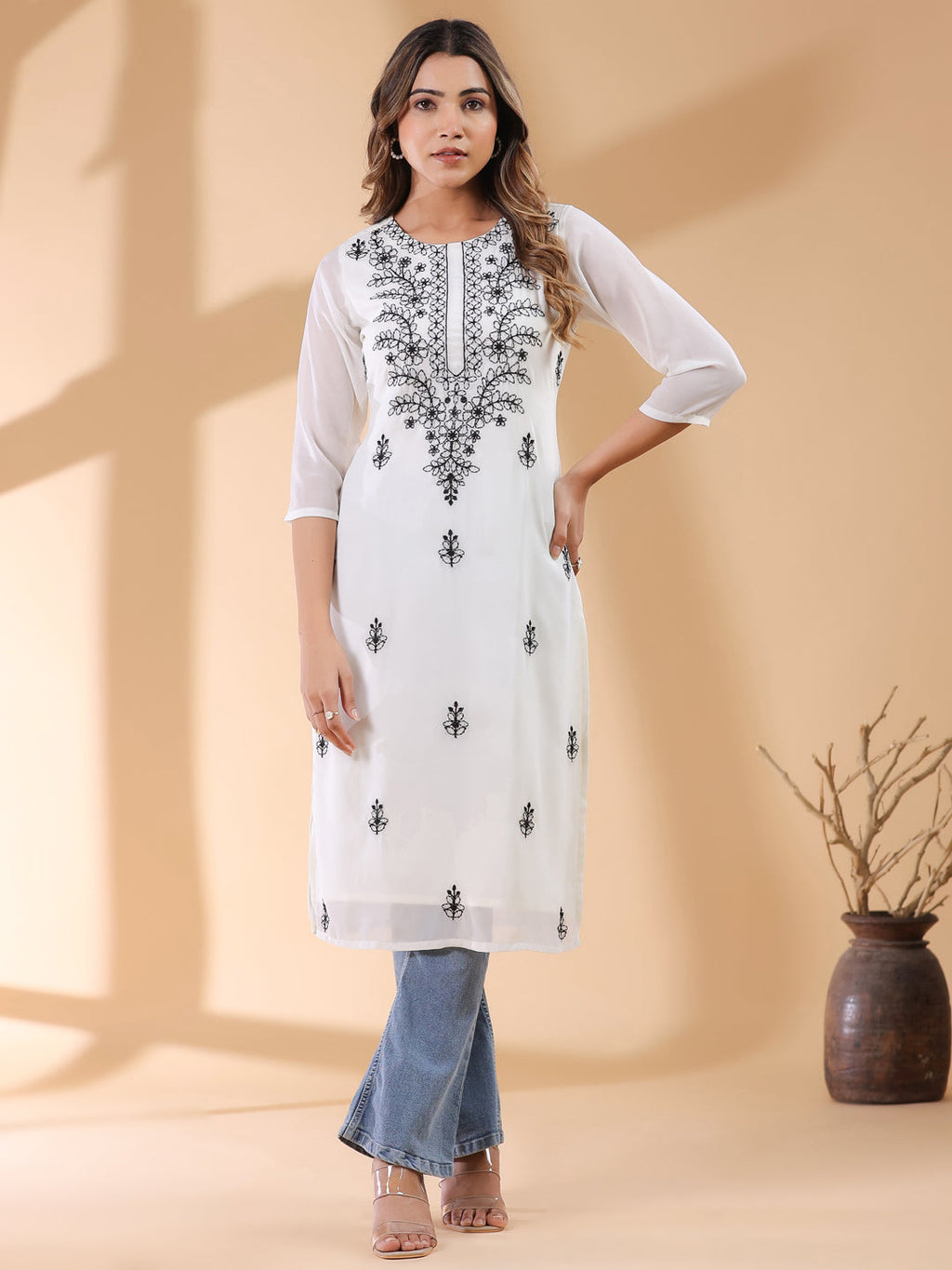 Janasya Dark Georgette Embroidered Straight Kurta - Distacart