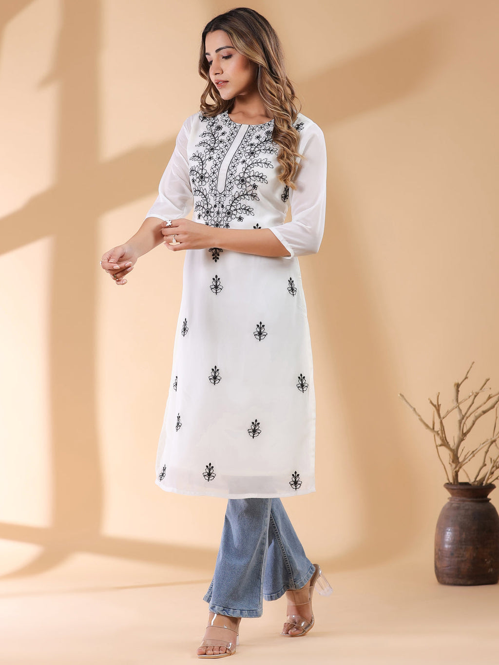 Janasya Dark Georgette Embroidered Straight Kurta - Distacart