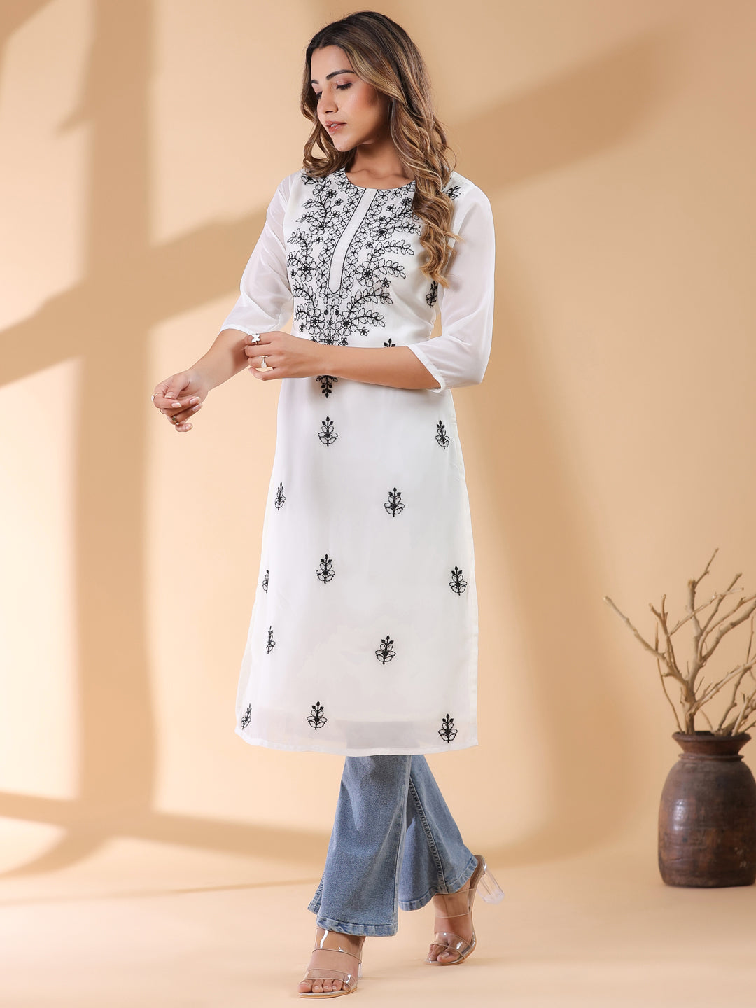 Janasya Dark Georgette Embroidered Straight Kurta - Distacart