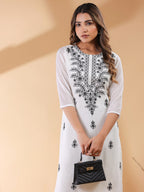 Janasya Dark Georgette Embroidered Straight Kurta - Distacart