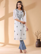 Janasya Dark Georgette Embroidered Straight Kurta - Distacart
