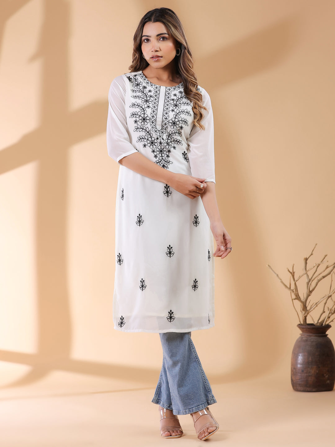 Janasya Dark Georgette Embroidered Straight Kurta - Distacart
