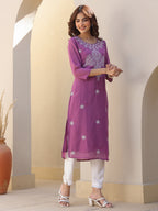 Janasya Dark Georgette Floral Straight Kurta - Distacart