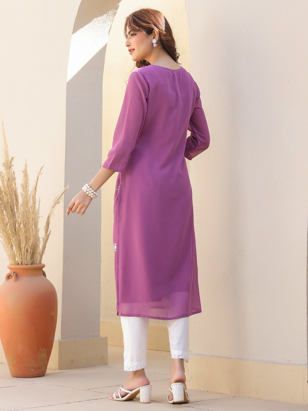 Janasya Dark Georgette Floral Straight Kurta - Distacart