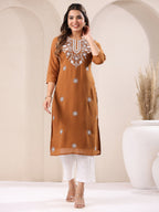 Janasya Dark Georgette Embroidered Straight Kurta - Distacart