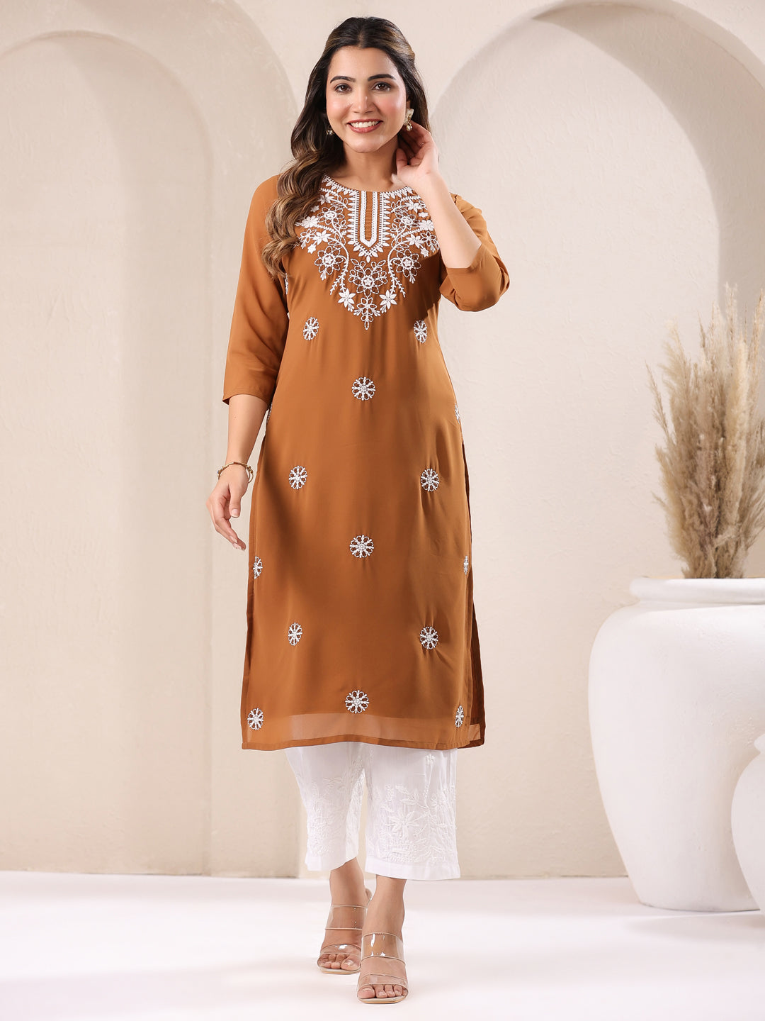 Janasya Dark Georgette Embroidered Straight Kurta - Distacart