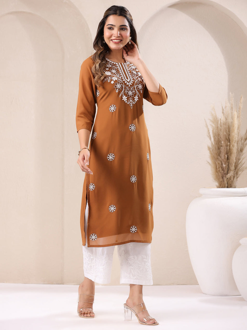 Janasya Dark Georgette Embroidered Straight Kurta - Distacart
