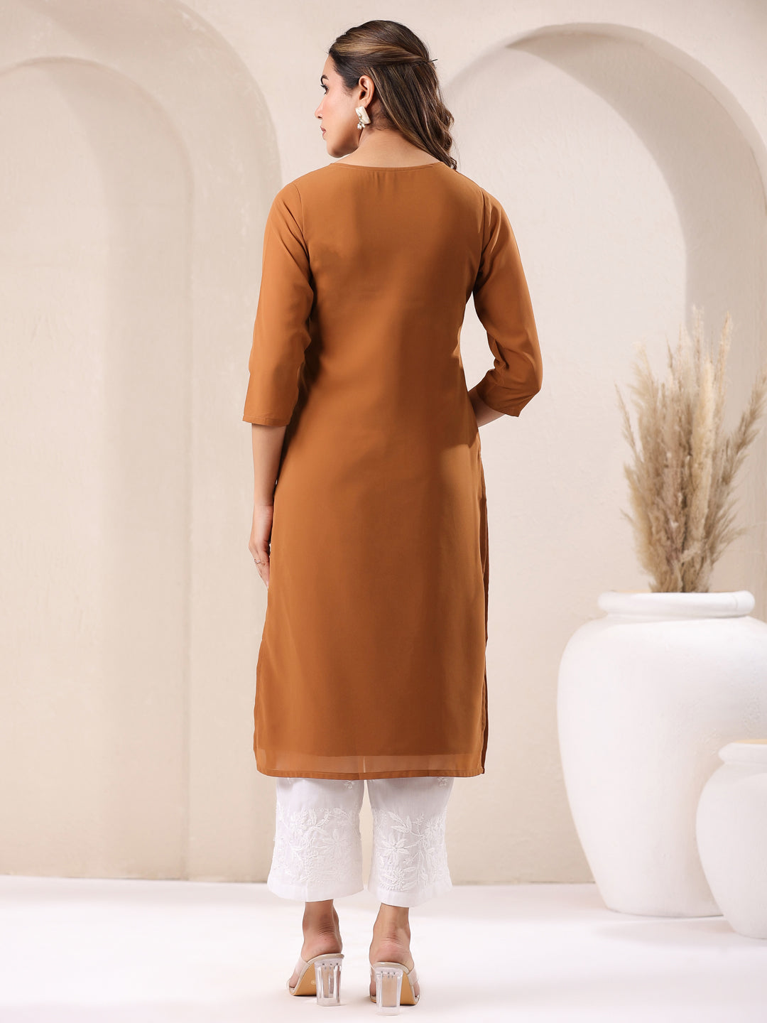 Janasya Dark Georgette Embroidered Straight Kurta - Distacart