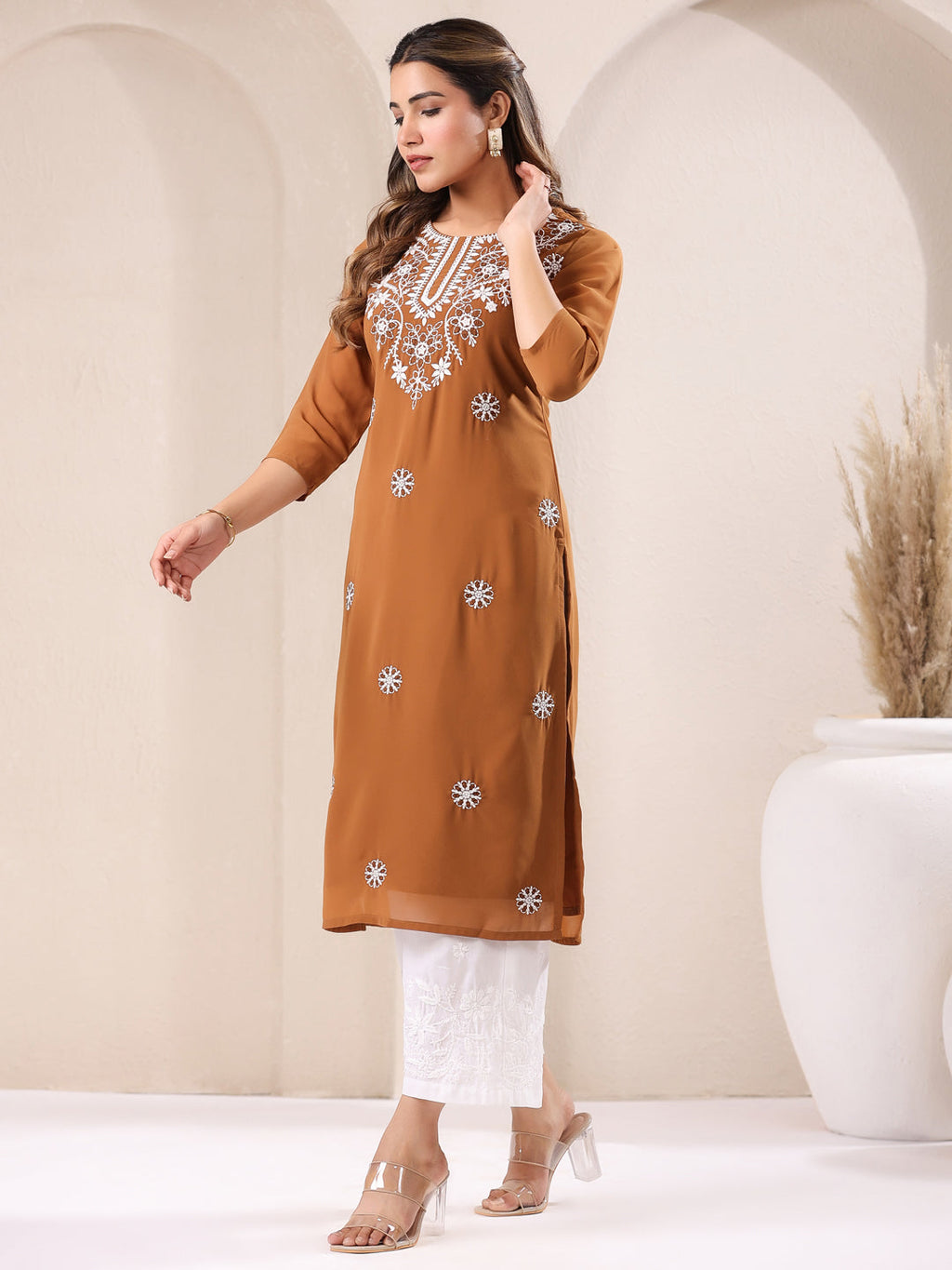 Janasya Dark Georgette Embroidered Straight Kurta - Distacart