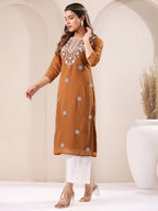 Janasya Dark Georgette Embroidered Straight Kurta - Distacart
