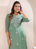 Janasya Dark Georgette Embroidered Straight Kurta - Distacart