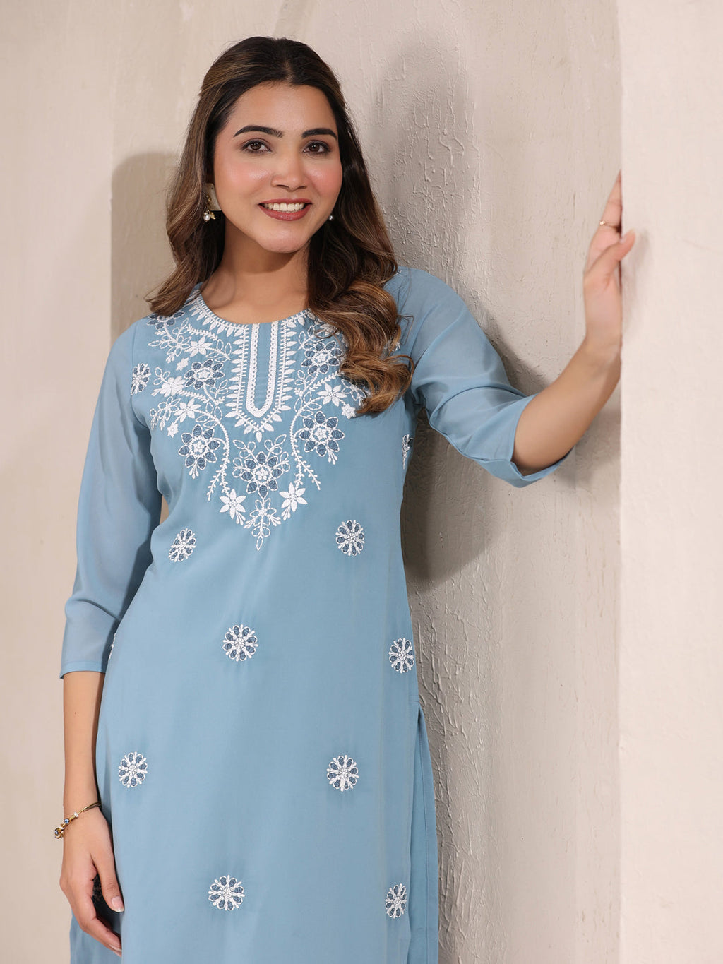 Janasya Bright Georgette Embroidered Straight Kurta - Distacart