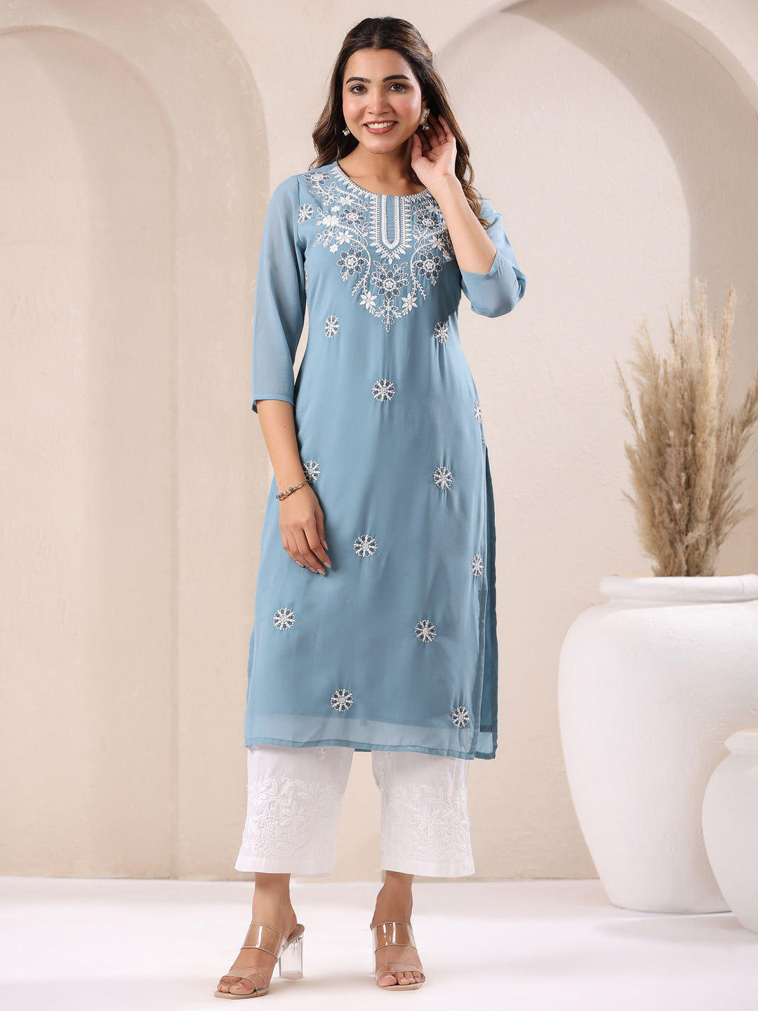 Janasya Bright Georgette Embroidered Straight Kurta - Distacart