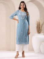 Janasya Bright Georgette Embroidered Straight Kurta - Distacart
