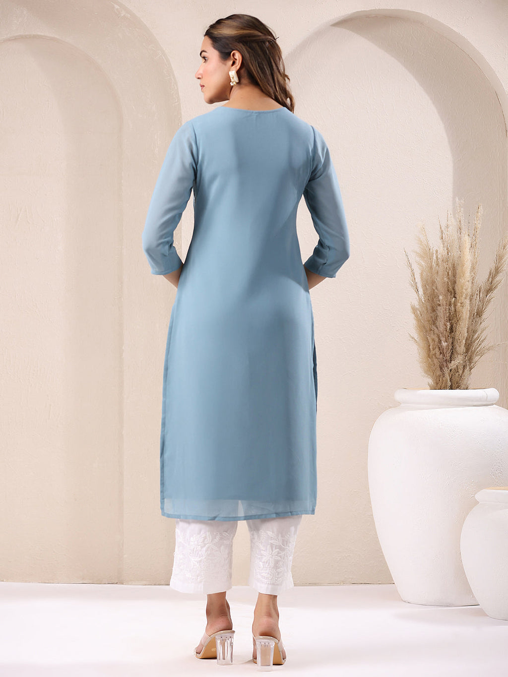 Janasya Bright Georgette Embroidered Straight Kurta - Distacart