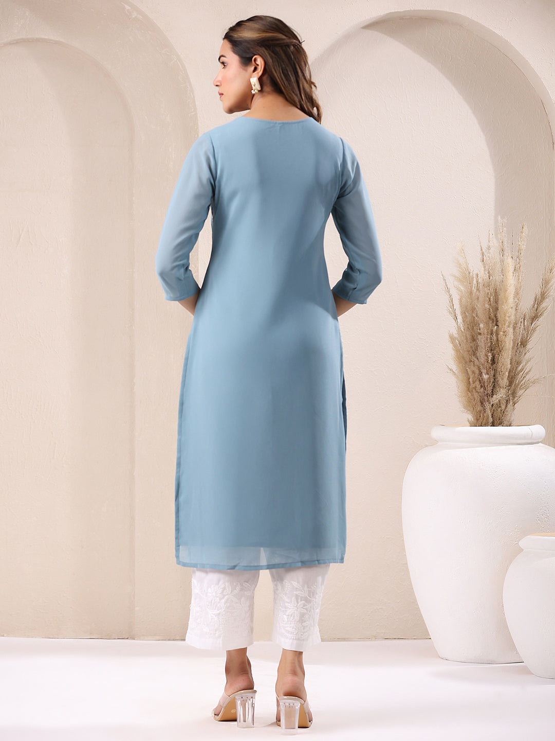 Janasya Bright Georgette Embroidered Straight Kurta - Distacart