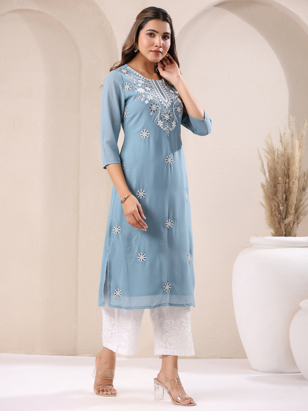 Janasya Bright Georgette Embroidered Straight Kurta - Distacart