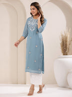 Janasya Bright Georgette Embroidered Straight Kurta - Distacart