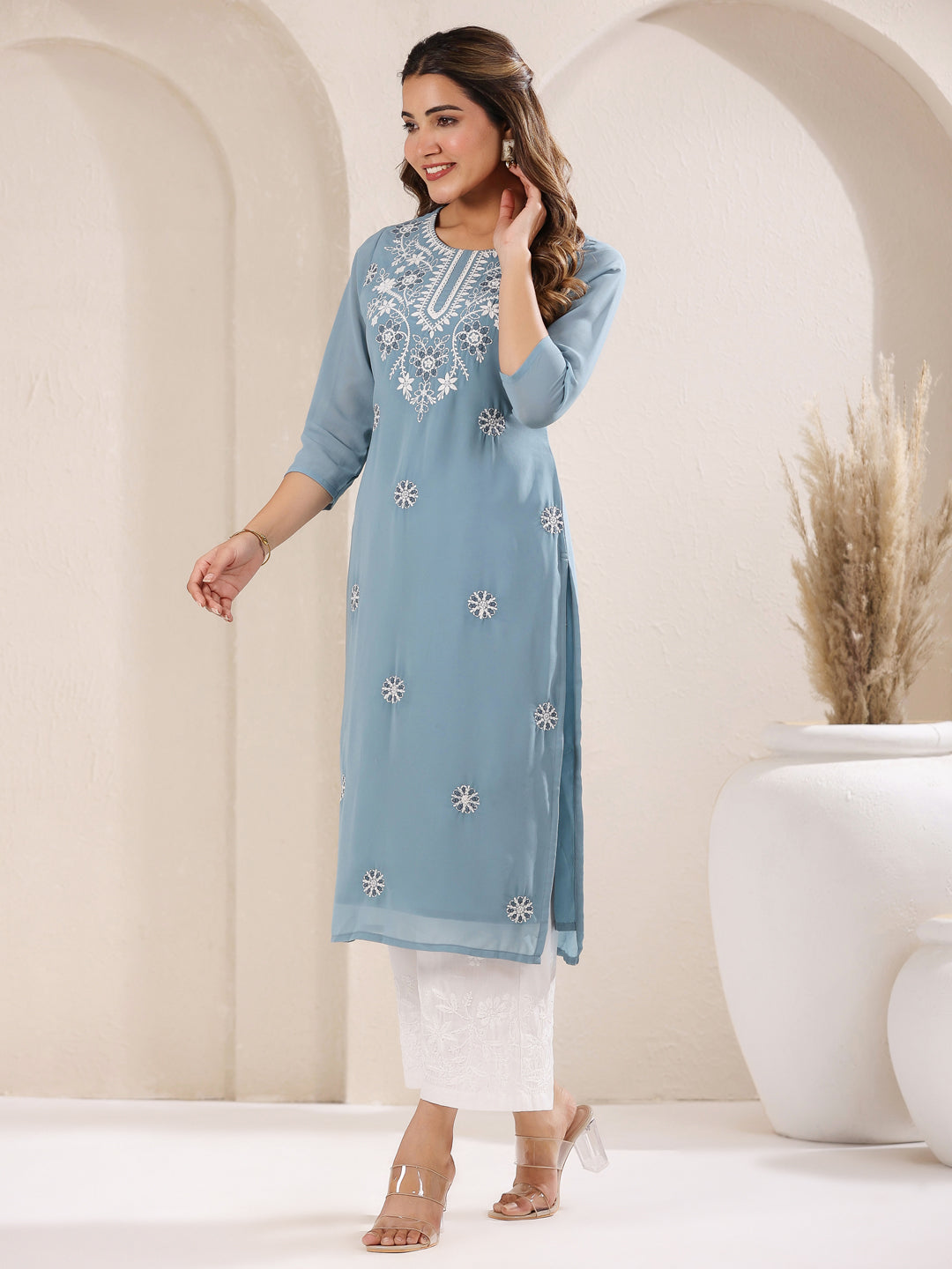 Janasya Bright Georgette Embroidered Straight Kurta - Distacart