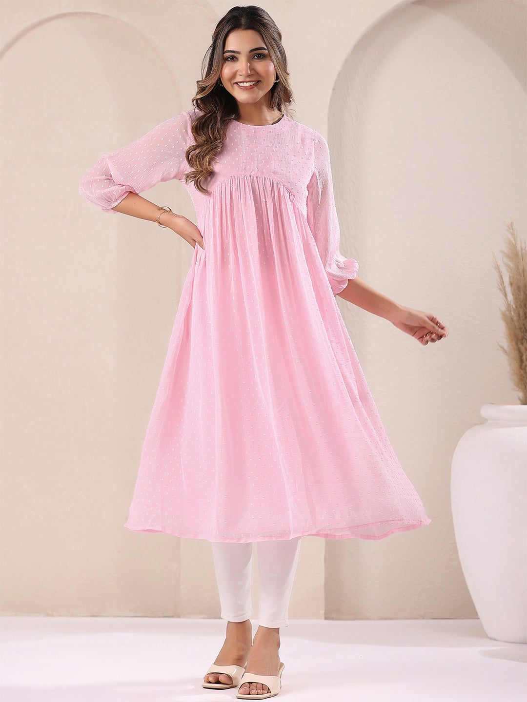 Janasya Light Dobby Chiffon Self Design A-Line Kurta - Distacart
