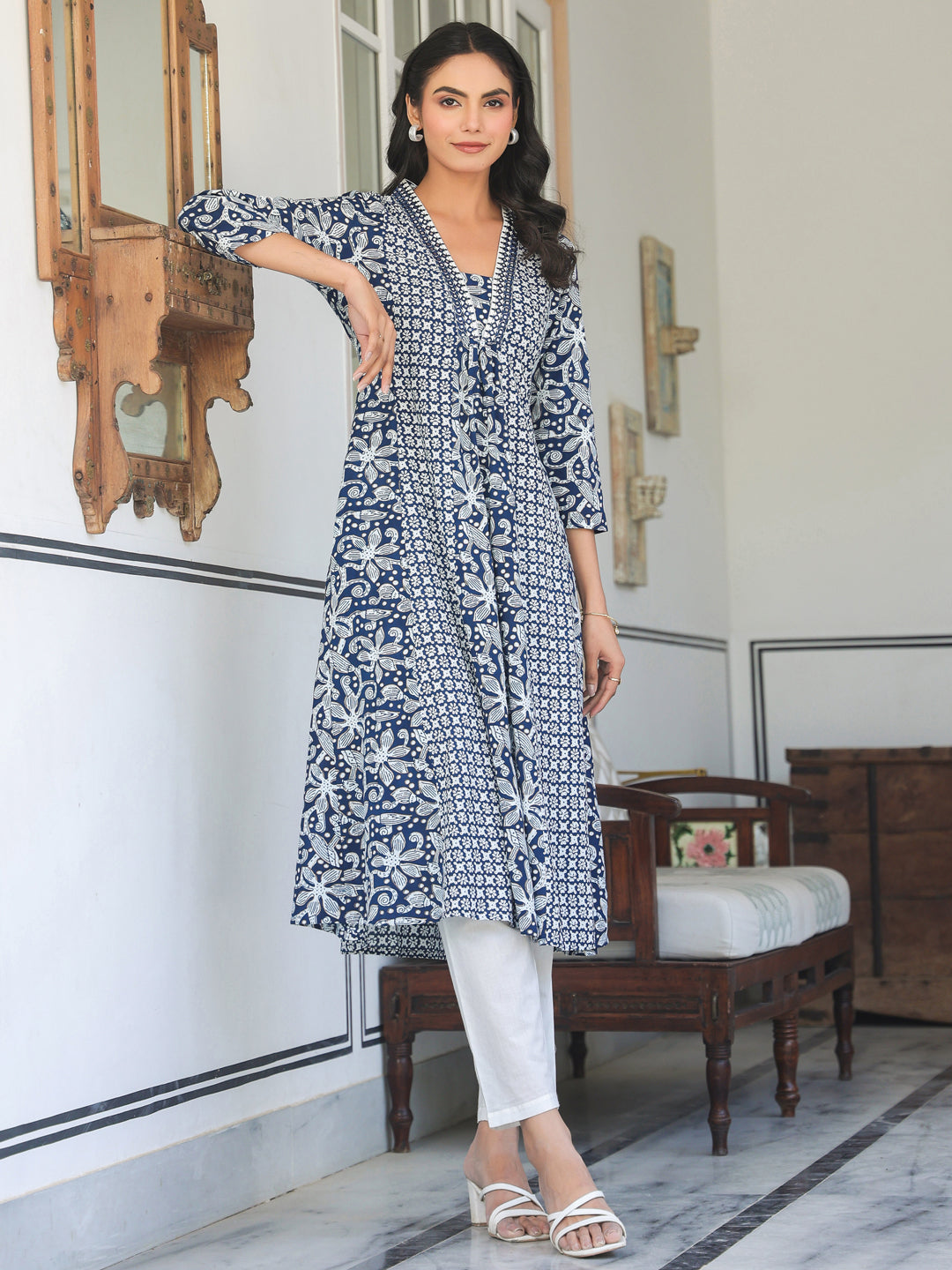 Janasya Dark Cotton Yoke Embroidery A-Line Kurta - Distacart