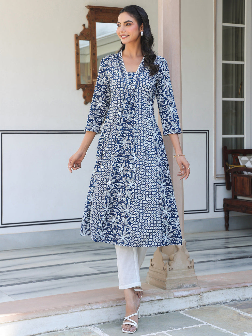 Janasya Dark Cotton Yoke Embroidery A-Line Kurta - Distacart