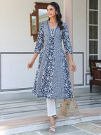 Janasya Dark Cotton Yoke Embroidery A-Line Kurta - Distacart